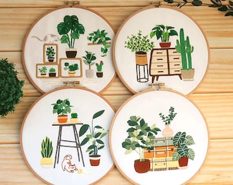 Embroidery Kit Plant Cat for Beginner | Embroidery Kit with Pattern| Modern Flower Embroidery Full Kit with Needlepoint Hoop | DIY Craft Kit