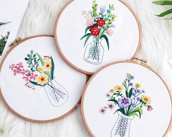 Embroidery Kit for Beginner | Modern Flower Embroidery Kit with Pattern | Floral Embroidery Full Kit with Needlepoint Hoop| DIY Craft Kit