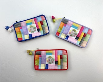 Korean Traditional Style Ramie Quilted Pouch with Embroidered Flower Pattern | Cosmetic Makeup Bag, Zipper Pouch,  Pencil Case, Purse Wallet