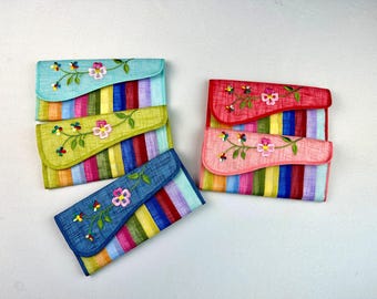 Floral Embroidered Three-Fold Long Wallet | Korean Traditional Style Sae-tton Wallet, Lightweight Quilted Wallet