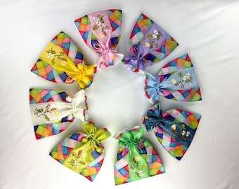 Floral Embroidered Drawstring Bag | Korean Traditional Style Pouch, Korean Style Lucky Pouch | Quilted Ramie Fabric | Makeup Cosmetic Bag