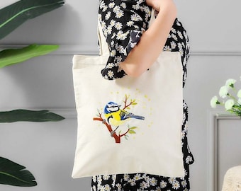 Embroidery Kit Beginner Canvas Tote Bag | Bird Floral Plant Pattern Hand Embroidery Kit | Embroidery Bag DIY Needlepoint Hoop Art Kit