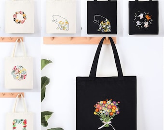 Embroidery Kit Beginner Canvas Tote Bag | Cat Bird Floral Plant Pattern Hand Embroidery Kit | Embroidery Bag DIY Needlepoint Hoop Art Kit