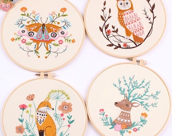 Embroidery Kit for Beginner | Animal Embroidery Kit with Pattern| Modern Flower Embroidery Full Kit with Needlepoint Hoop | DIY Craft Kit