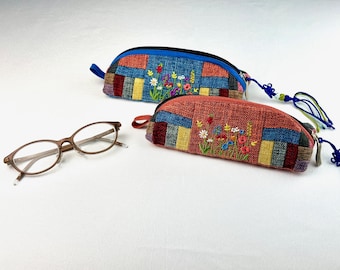 Floral Embroidered Glasses Case | Korean Traditional Style Cotton Quilted Triangular Pouch | Pencil Case, Eyeglass Case, Makeup Cosmetic Bag