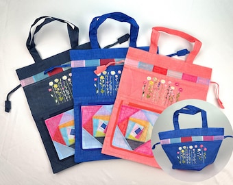 Flower Embroidered Drawstring Tote Bag, Korean Traditional Style Sae-tton Quilt Patchwork, Folding Style Tote | Bridesmaid Gift, Mom Gift