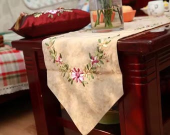 Embroidered Floral Pattern Table Runner with Tassels | Embroidered Dresser Scarf with Tassels | for Kitchen Dining Table, Office Table