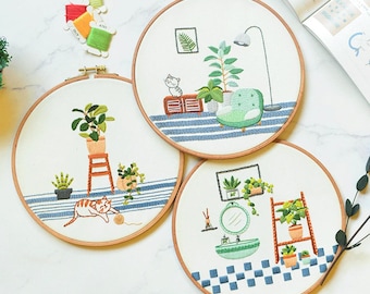Embroidery Kit Cat for Beginner | Plant Embroidery Kit with Pattern| Modern Flower Embroidery Full Kit with Needlepoint Hoop | DIY Craft Kit