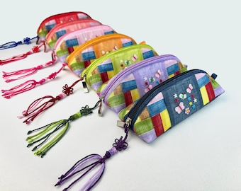 Floral Embroidered Glasses Case | Korean Traditional Style Ramie Triangular Pouch | Pencil Case, Eyeglass Case, Makeup Cosmetic Bag