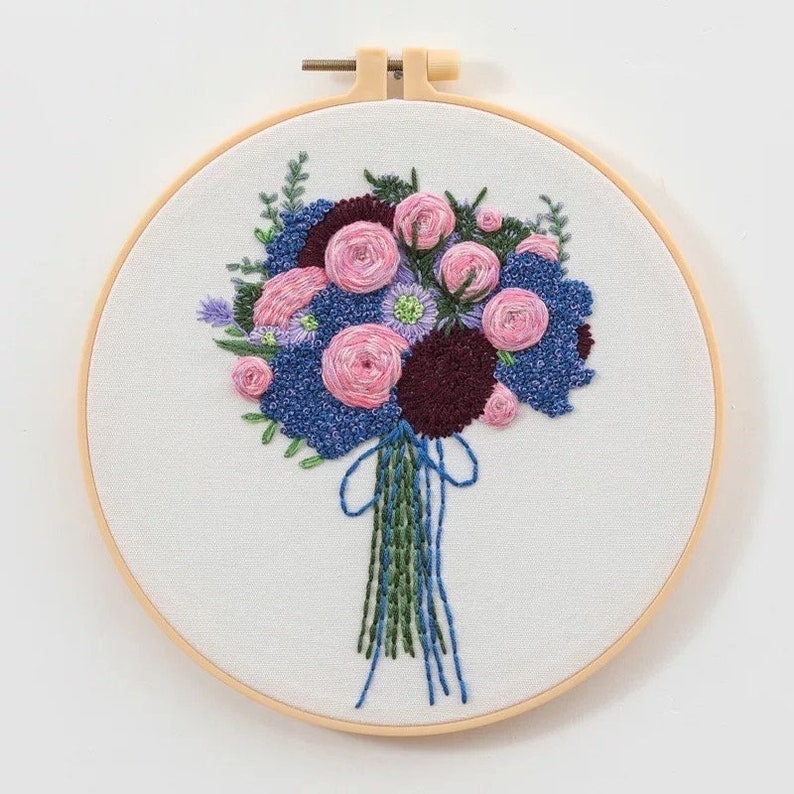 Embroidery Kit for Beginner Flower Bouquet Embroidery Kit with Pattern Floral Embroidery Full Kit with Needlepoint Hoop DIY Craft Kit Pattern 5