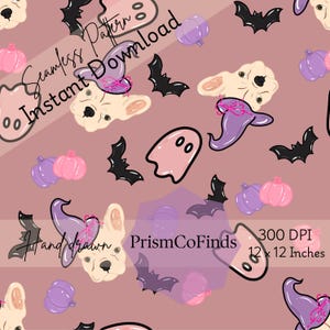 Puede incluir: Un patrón sin costuras con ilustraciones de dibujos animados de un bulldog francés con sombrero de bruja, murciélagos, fantasmas y calabazas en tonos rosa, morado y negro. El texto "Seamless Pattern Instant Download" es visible.