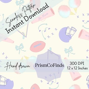 May include: Seamless pattern design featuring hand-drawn illustrations of football helmets, footballs, pom-poms, bows, and cheerleading megaphones in pastel colors. The text reads "Seamless Pattern Instant Download" and "PrismCoFinds". The design is 12 x 12 inches.