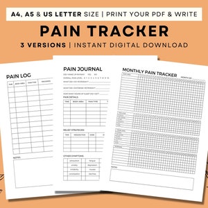 May include: Three printable pain tracker templates on white paper. The templates include a pain log, a pain journal, and a monthly pain tracker. The text on the image reads "Pain Tracker" and "Instant Digital Download."