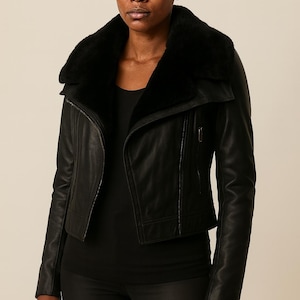 Women’s Genuine Sheep Fur & Black Leather Jacket – Winter Biker Style – Soft, Warm Outerwear – Halloween Outfit – Perfect Gift for Her