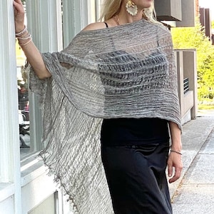 Linen Silver Grey Summer Scarf | Loose Shawl, Sheer Bridal Shawl, Plus Size Cape, Boho wrap, Linen Loose Fit Top, Linen Wedding Cover Up