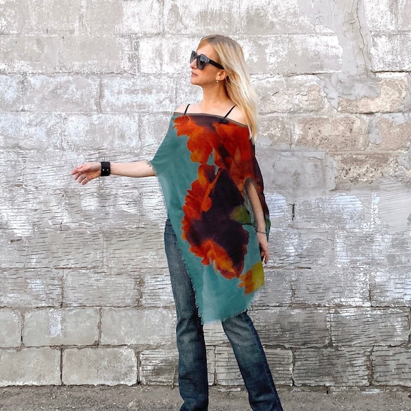 Floral Tunic for Women |  Boho Clothing, Lightweight Beach Tunic Coverup, Orange and Teal Blue Wrap