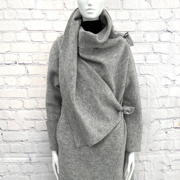 Abrigo de envoltura de lana hervida, envoltura de kimono de lana merino gris, abrigo de lana de aspecto múltiple, abrigo de lana hervida para mujeres, abrigo de lana largo