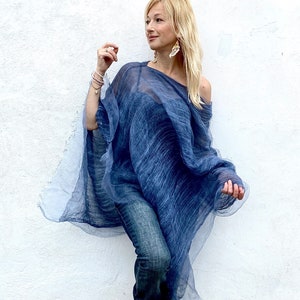 Silk Organza Shawl Blue | Loose Cotton Top, Bridal Gauze Wrap, Beach Cover Up, Light Oversized Wrap,Beach Wear, Sheer Summer Poncho