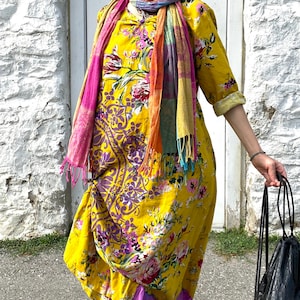 Boho Linen Floral Kaftan Yellow | Loose Long Dress, Long Summer Dress, Floral Dress, Linen Dresses, Festival Clothing