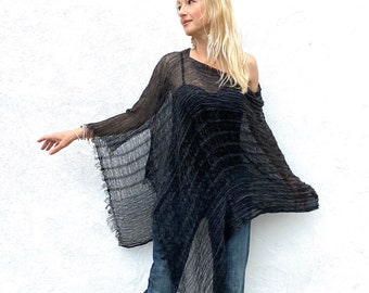 Linen Scarf Black Mesh | 100% Linen Shawls and Wraps - Summer Scarf, Poncho Women, Beach Cover Up, Bridesmaid Shawl, Wedding Cape