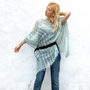 Linen Cover Up Aqua | Linen Shawls and Wraps, Womens - Beach Cover Up, Sheer Mesh Poncho Cape, Summer Scarf, Hand Dyed Shawl, Neck Scarf