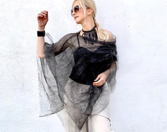 Seidenschal Organza Schwarz Grau | Lose Baumwolle Top, Gaze Wrap, Strand Cover Up, leichte Braut Wrap, Strand tragen, schiere Sommer Poncho