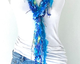 Bohemian Turquoise Indie Yarn Necklace, Belt With Fringes, eyelash yarn fibre bib necklaces, distressed fringie scarf, boho ribbon scarf