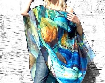 Abstract Turquoise Blue Oversized Poncho for Women, Plus Size Bathing Cover Up, 6Xl Ombre Teal Black Bright Beachwear, Boho Wrap Top Coverup
