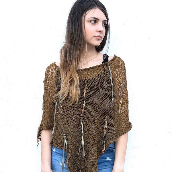 Bohemian Sheer Open Knit Khaki Mustard Off shoulder Cover Up with fringes, Brown Cotton Shawls, Boho Summer Poncho, Festival Clothing