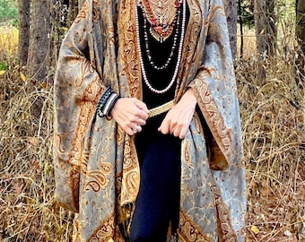 Silver Gold brocade paisley kimono with buttons, yellow grey oversized reversible cardigan duster plus size cover up poncho, silky boho coat