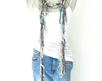 Bohemian Cream Brown Aqua Blue Indie Yarn Necklace Belt With Fringes, eyelash yarn  bib necklaces, distressed boho ribbon fringie scarf
