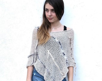 Bohemian Off White Linen Knitted Cover Up with fringes for Women and Teen Girls | Ivory Cotton Shawls, Boho Summer Poncho, Festival Clothing