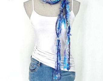 Bohemian Indie Denim Blue Yarn Necklace, Belt With Fringes, eyelash yarn fibre bib necklaces, distressed fringie statement  boho ribbon scar