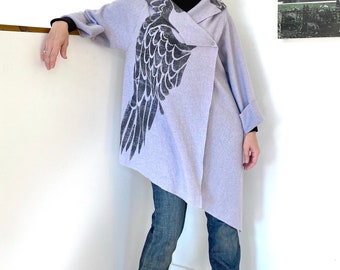 Asymmetrische jas van merinowol. Oversized wollen kimono-wrap. Kimono badjas jas. Wollen jas. Vacht met vleugels. Handbeschilderde kleding