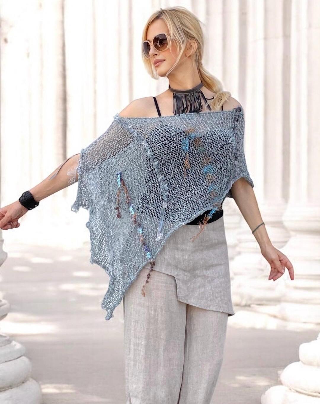 Handmade Fall Crochet Boho Granny Square Shawl With Fringe  Handmade Knitted Wrap, Cozy Hippie Shawl main image 1
