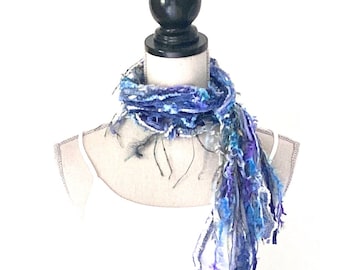 Bohemian Blue Moave Indie Yarn Necklace or Belt With Fringes, eyelash yarn fibre bib necklaces, distressed fringie scarf, boho ribbon scarf