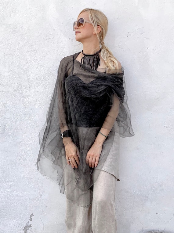 Sheer Silk Scarf Organza Black Grey | Loose Cotton Top, Gauze Wrap