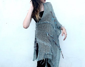 Bohemian Knitted Baiting Suit Cover Up, Loose knit linen shawl. Sheer Pareo With Fringes Mesh summer poncho shrug Bridesmaids knit stole