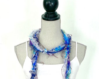 Bohemian Indie Blue Yarn Necklace, Belt With Fringes, eyelash yarn fibre bib necklaces, distressed fringie statement  boho ribbon scarf