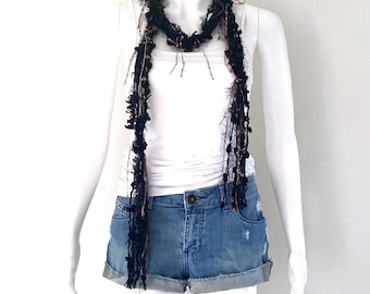 Bohemian Black Indie Yarn Necklace or Belt With Fringes, eyelash yarn fibre bib necklaces, distressed fringie scarf, boho ribbon scarf