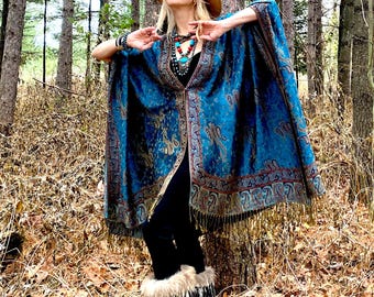 Turquoise Rust Paisley kimono robe with snaps button, oversized reversible cardigan duster, 4Xl- 6XL plus size cover up, silky boho coat.