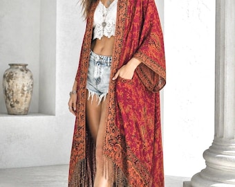 Kimono with Sleeves and Side Pockets, Red Black Kimono Jacket, Fringe Cardigan, Bohemian Bathing Cover Up,  Festival Wear,  Plus size Duster