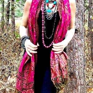 ★HILLDA★ Bohemian Paisley Scarf Pink 24FWSF2 Paisley Boho Pashmina Scarf Hippie Tribal Style Blanket