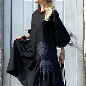 Black Cotton Linen Dress Ruffle | Office Dress, Hand Painted Loose Cotton Dress, Baggy Dress, Puffy Sleeves Dress