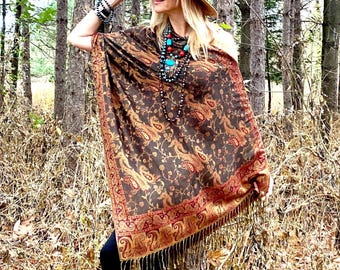 Earth Tones Brocade paisley pashmina wide scarf with buttons, silky oversized wrap, wedding cover up, jacquard pashmina boho tasseled stole