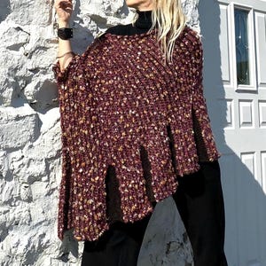 Ruffle Knit Poncho | Alpaca Black Pink Wrap, Wool Poncho Cape For Women, Wool Knit Cover Up