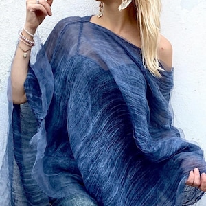 Xale de gaze de organza de seda azul, blusa de linho solta, envoltório de gaze de noiva, saída de praia, envoltório leve e grande, roupa de praia, capa poncho transparente de verão
