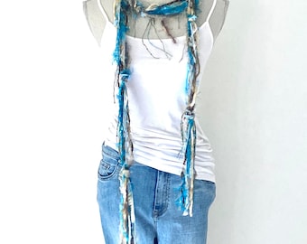 Bohemian Turquoise Beige Cream Indie Yarn Necklace Belt With Fringes, eyelash yarn  bib necklaces, distressed boho ribbon fringie scarf