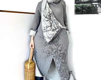 Linnen kimonojas, oversized lange kaftan, lang linnen gewaad, huisgewaad, lang linnen vest