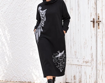 Oversized Black Sweater Dress, Fleece Backed Sweatshirt Fabric, Urban Artsy Winter Dress, Hand Painted Wearable Art, XS- 6XL Baggy Dress